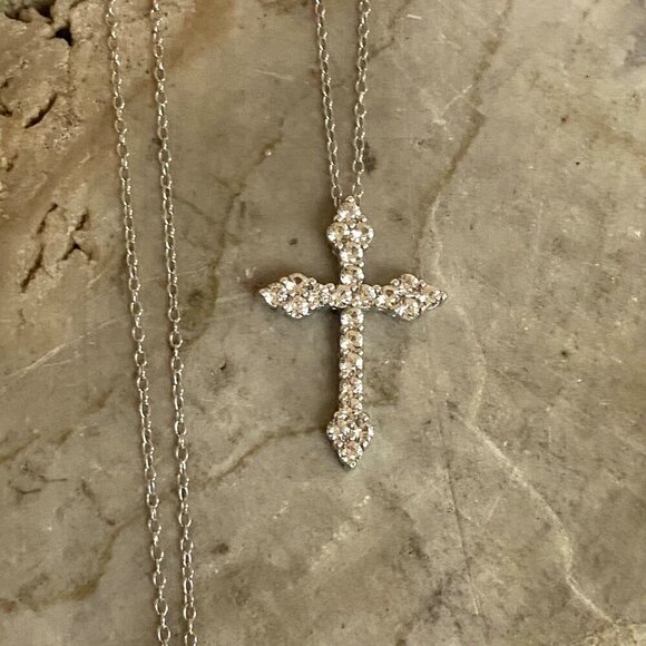 Sterling Silver 925 Dainty Round Prong Set White Sapphire Cross Necklace 18" - Picture 11 of 16